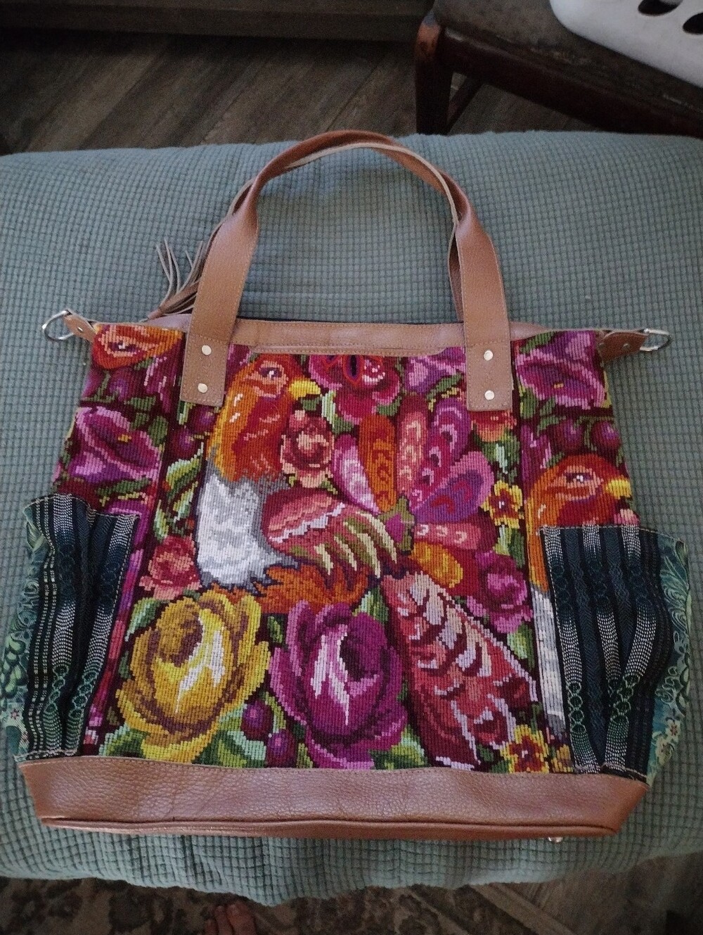 Boho Floral Woven Tote Bag with Light Copper Leather Trim